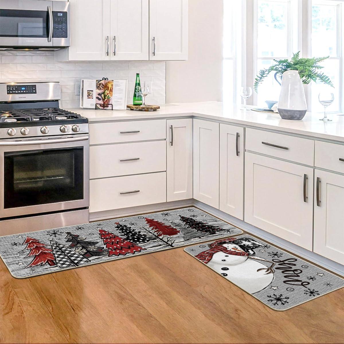 imageArtoid Mode Black Snowman Xmas Tree Snowflake Let It Snow Christmas Kitchen Mats Set of 2 Winter Home Decor LowProfile Kitchen Rugs for Floor 17x29 and 17x47 InchGrey