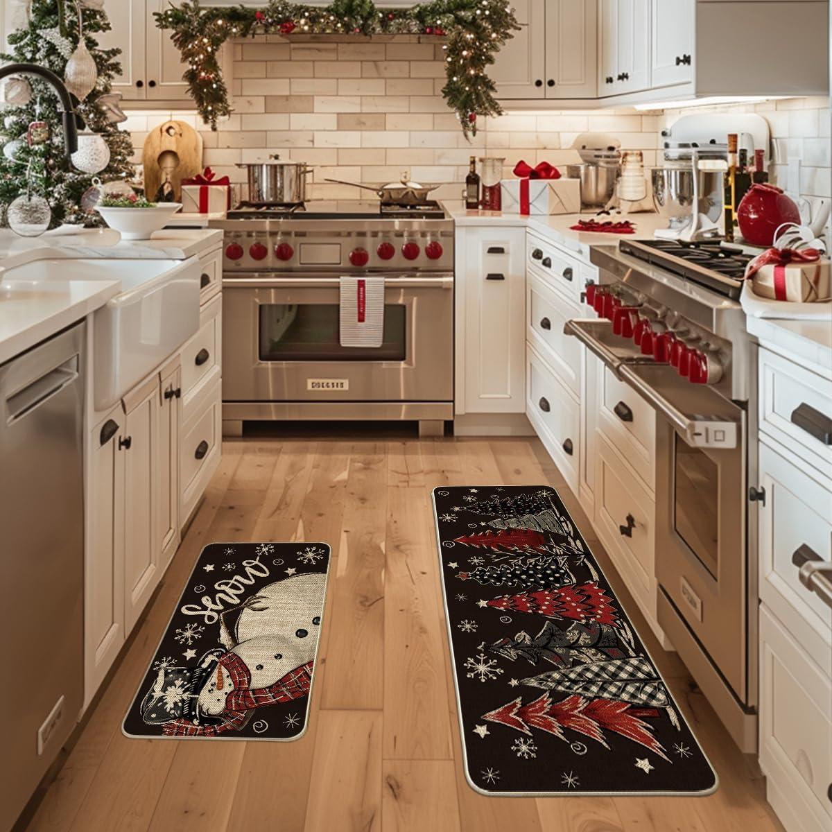 imageArtoid Mode Black Snowman Xmas Tree Snowflake Let It Snow Christmas Kitchen Mats Set of 2 Winter Home Decor LowProfile Kitchen Rugs for Floor  17x29 and 17x47 InchBlack