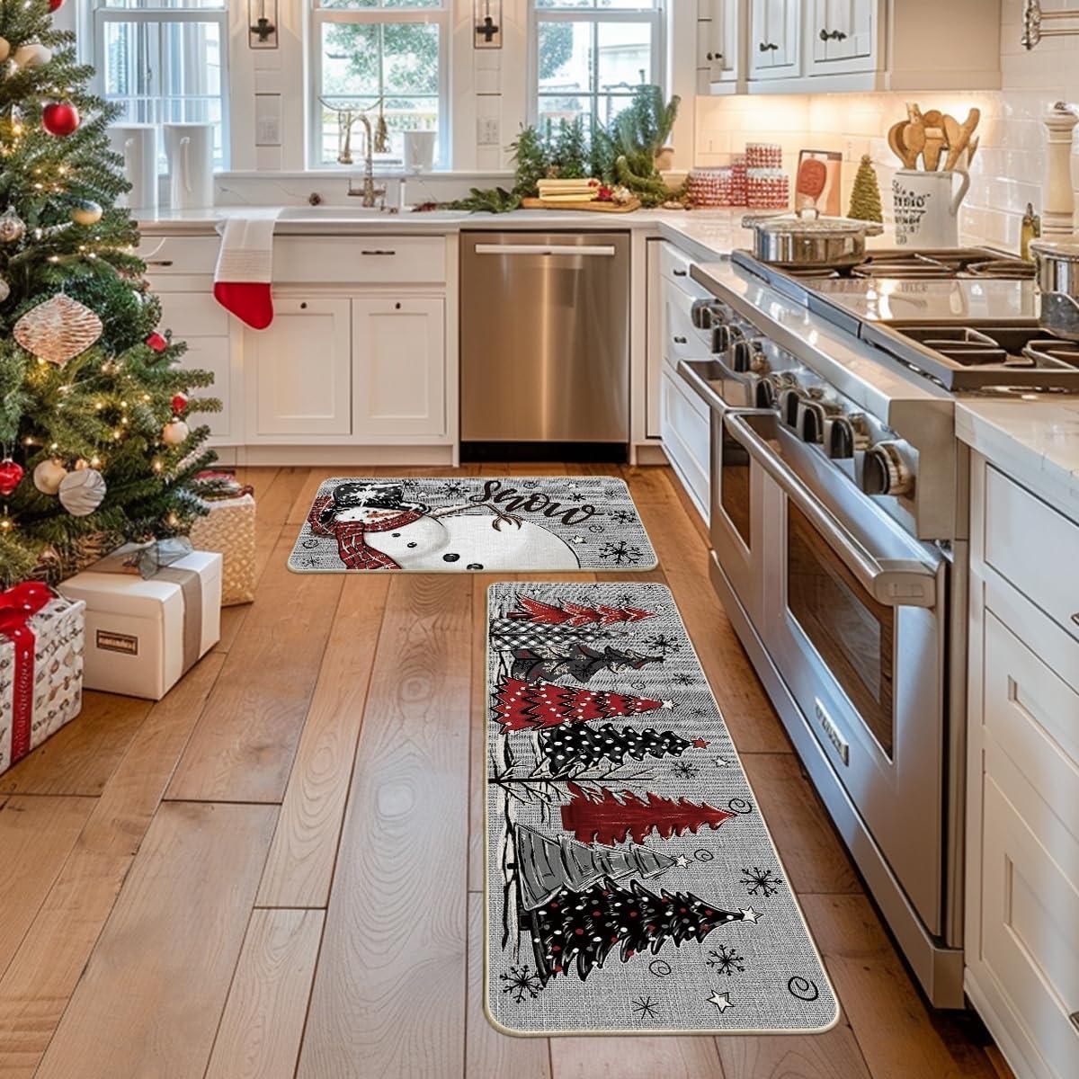 imageArtoid Mode Black Snowman Xmas Tree Snowflake Let It Snow Christmas Kitchen Mats Set of 2 Winter Home Decor LowProfile Kitchen Rugs for Floor 17x29 and 17x47 InchGrey