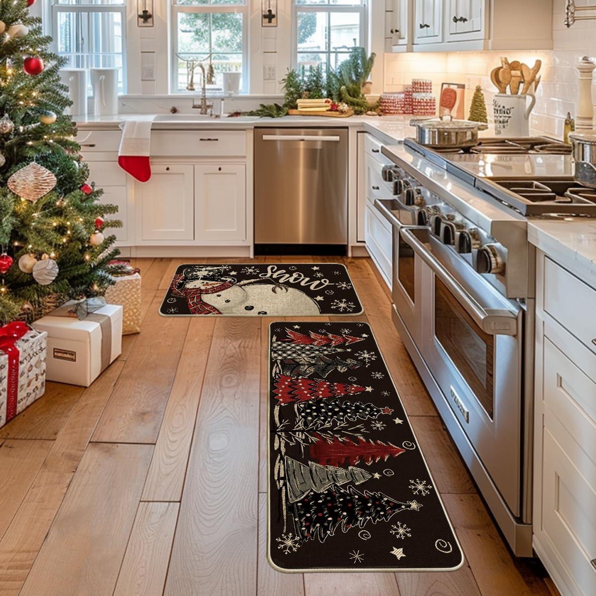 imageArtoid Mode Black Snowman Xmas Tree Snowflake Let It Snow Christmas Kitchen Mats Set of 2 Winter Home Decor LowProfile Kitchen Rugs for Floor  17x29 and 17x47 InchBlack