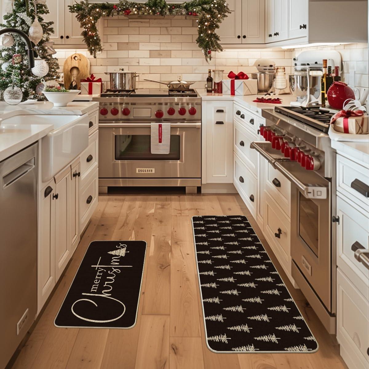 imageArtoid Mode Black Xmas Tree Merry Christmas Kitchen Mats Set of 2 Winter Home Decor LowProfile Kitchen Rugs for Floor  17x29 and 17x47 InchBlack