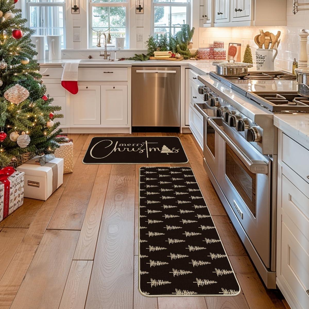 imageArtoid Mode Black Xmas Tree Merry Christmas Kitchen Mats Set of 2 Winter Home Decor LowProfile Kitchen Rugs for Floor  17x29 and 17x47 InchBlack