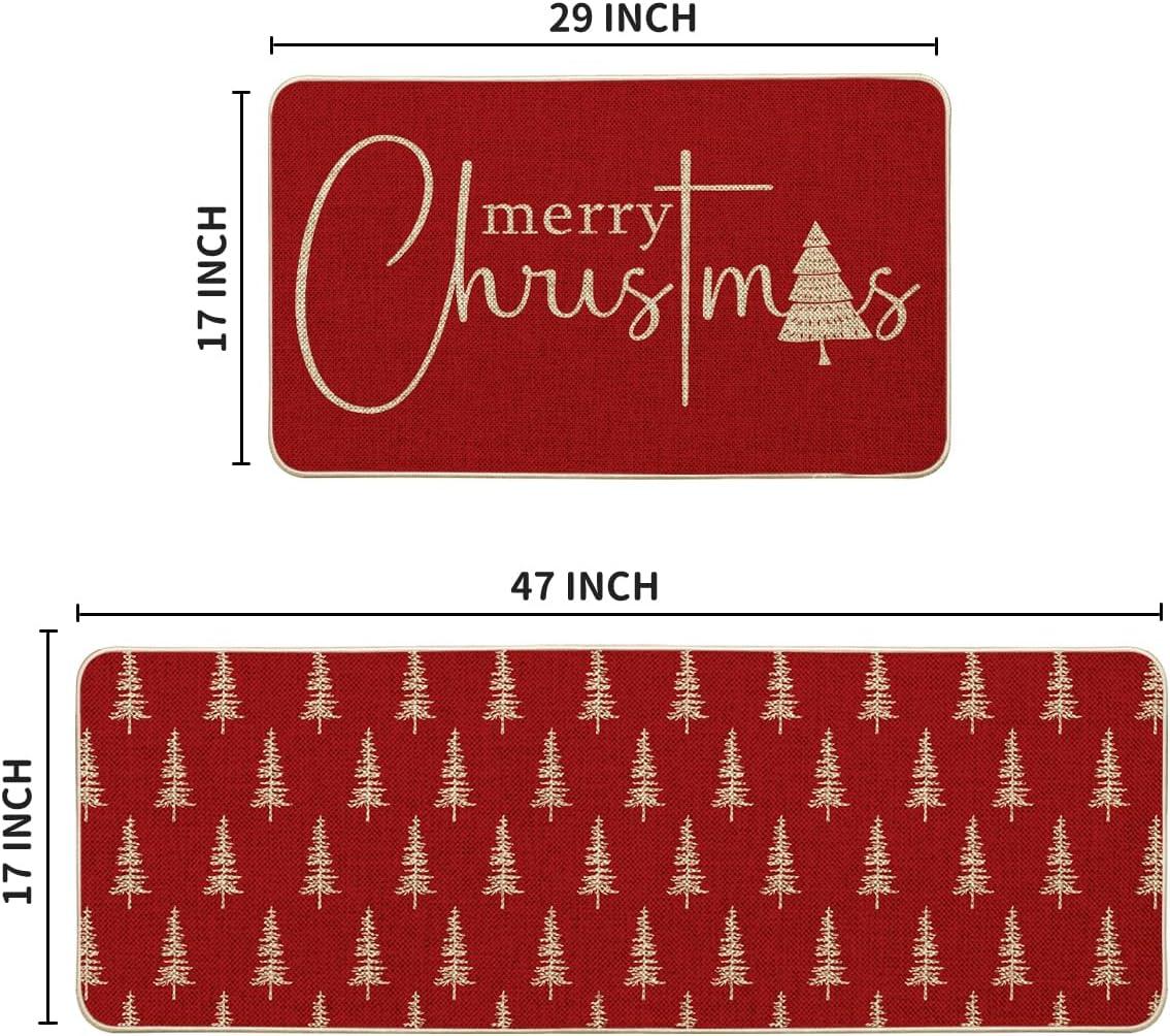 imageArtoid Mode Black Xmas Tree Merry Christmas Kitchen Mats Set of 2 Winter Home Decor LowProfile Kitchen Rugs for Floor  17x29 and 17x47 InchRed