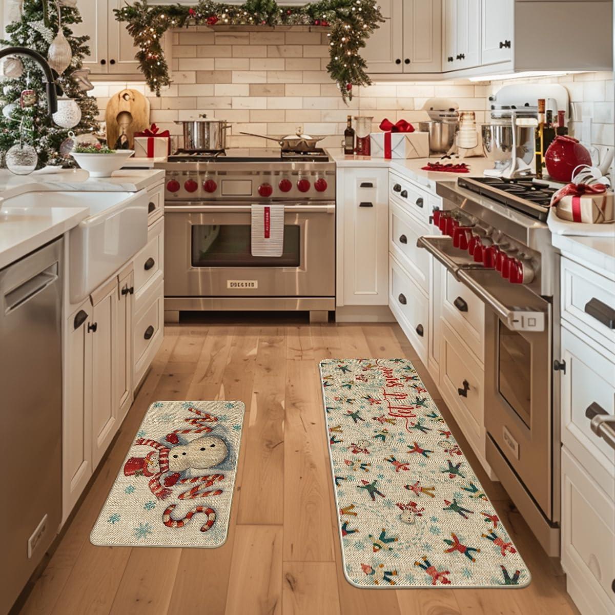 imageArtoid Mode Blue Candy Cane Snowman Let It Snow Winter Kitchen Mats Set of 2 Christmas LowProfile Home Decor Kitchen Rugs for Floor  17x29 and 17x47 InchRed