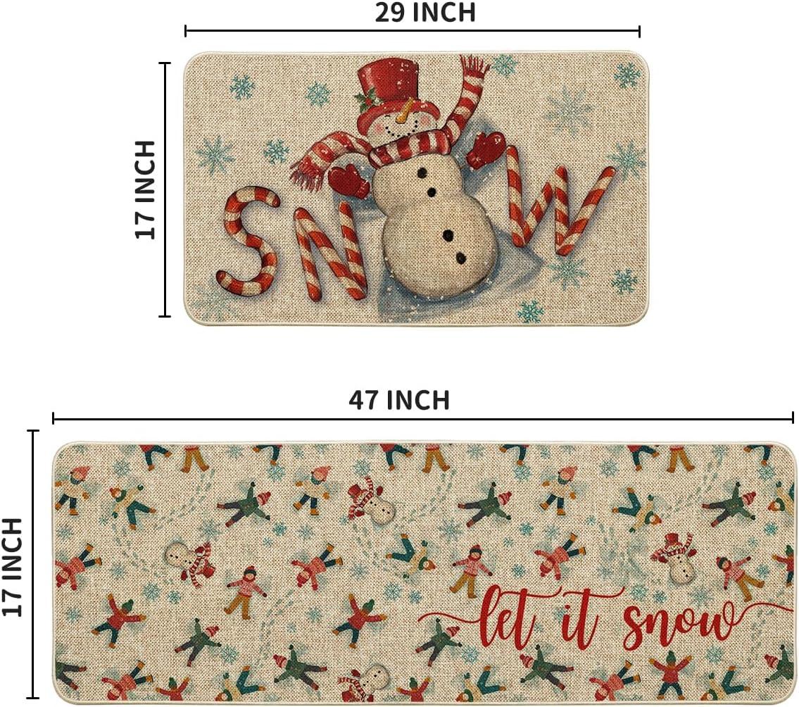 imageArtoid Mode Blue Candy Cane Snowman Let It Snow Winter Kitchen Mats Set of 2 Christmas LowProfile Home Decor Kitchen Rugs for Floor  17x29 and 17x47 InchRed