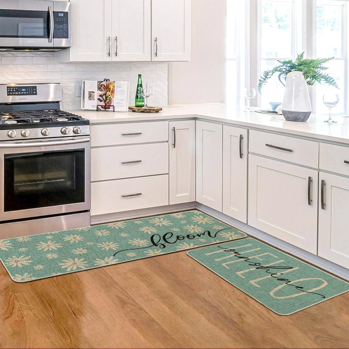 imageArtoid Mode Blue Daisy Hello Sunshine Bloom Spring Kitchen Mats Set of 2 Home Decor LowProfile Kitchen Rugs for Floor 17x29 and 17x47 InchBlue