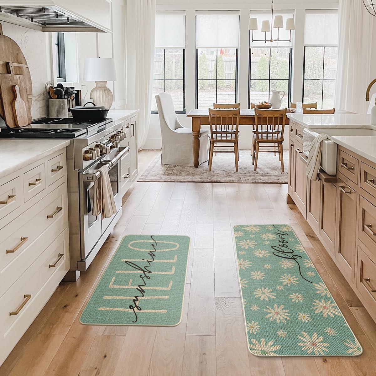 imageArtoid Mode Blue Daisy Hello Sunshine Bloom Spring Kitchen Mats Set of 2 Home Decor LowProfile Kitchen Rugs for Floor 17x29 and 17x47 InchBlue