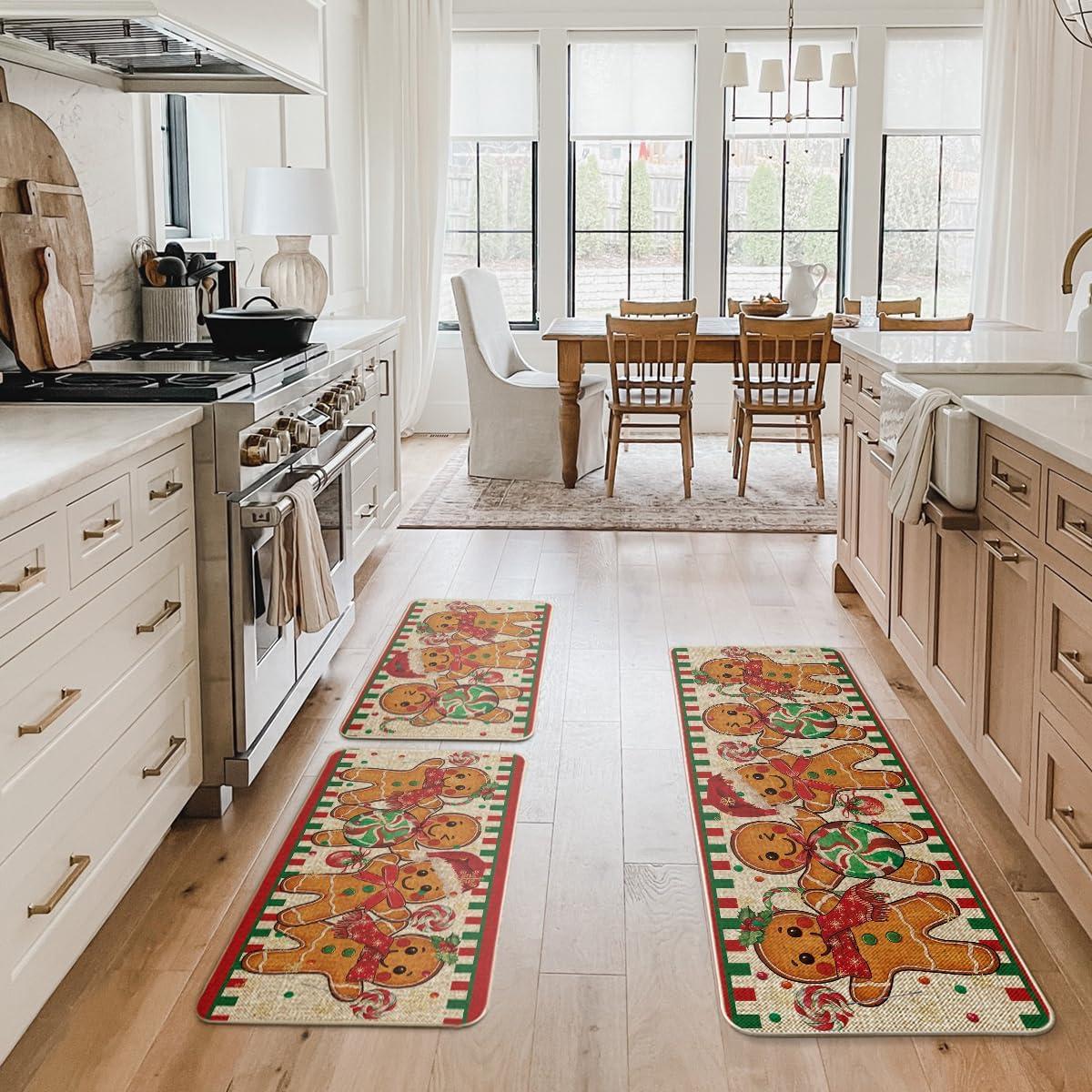 imageArtoid Mode Gingerbread Candy Cane Christmas Kitchen Mats Set of 2 Winter Home Decor LowProfile Kitchen Rugs for Floor  17x29 and 17x47 InchBeige