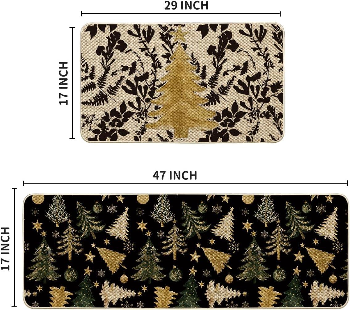 imageArtoid Mode Golden Xmas Tree Ornament Christmas Kitchen Mats Set of 2 Winter LowProfile Home Decor Kitchen Rugs for Floor  17x29 and 17x47 Inch