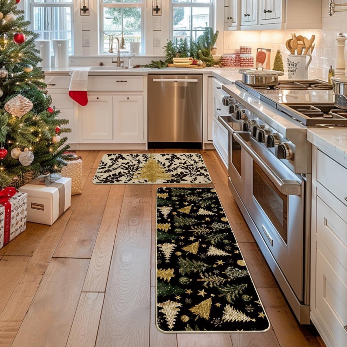 imageArtoid Mode Golden Xmas Tree Ornament Christmas Kitchen Mats Set of 2 Winter LowProfile Home Decor Kitchen Rugs for Floor  17x29 and 17x47 Inch