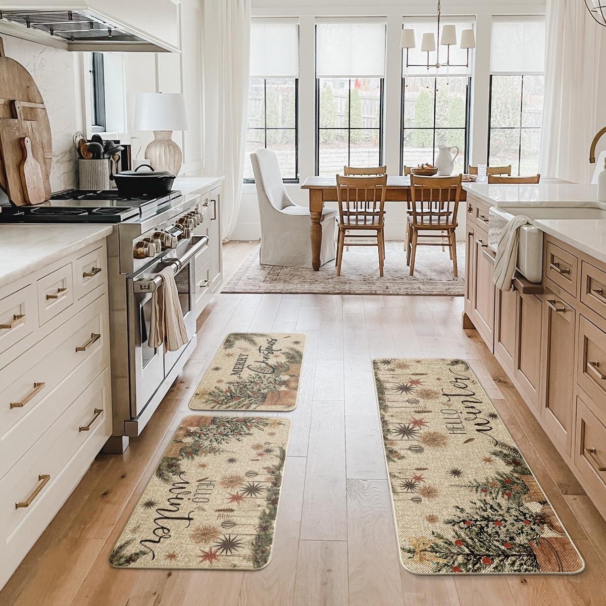 imageArtoid Mode Holly Ornament Merry Christmas Kitchen Mats Set of 2 Winter Home Decor LowProfile Kitchen Rugs for Floor  17x29 and 17x47 InchBeige