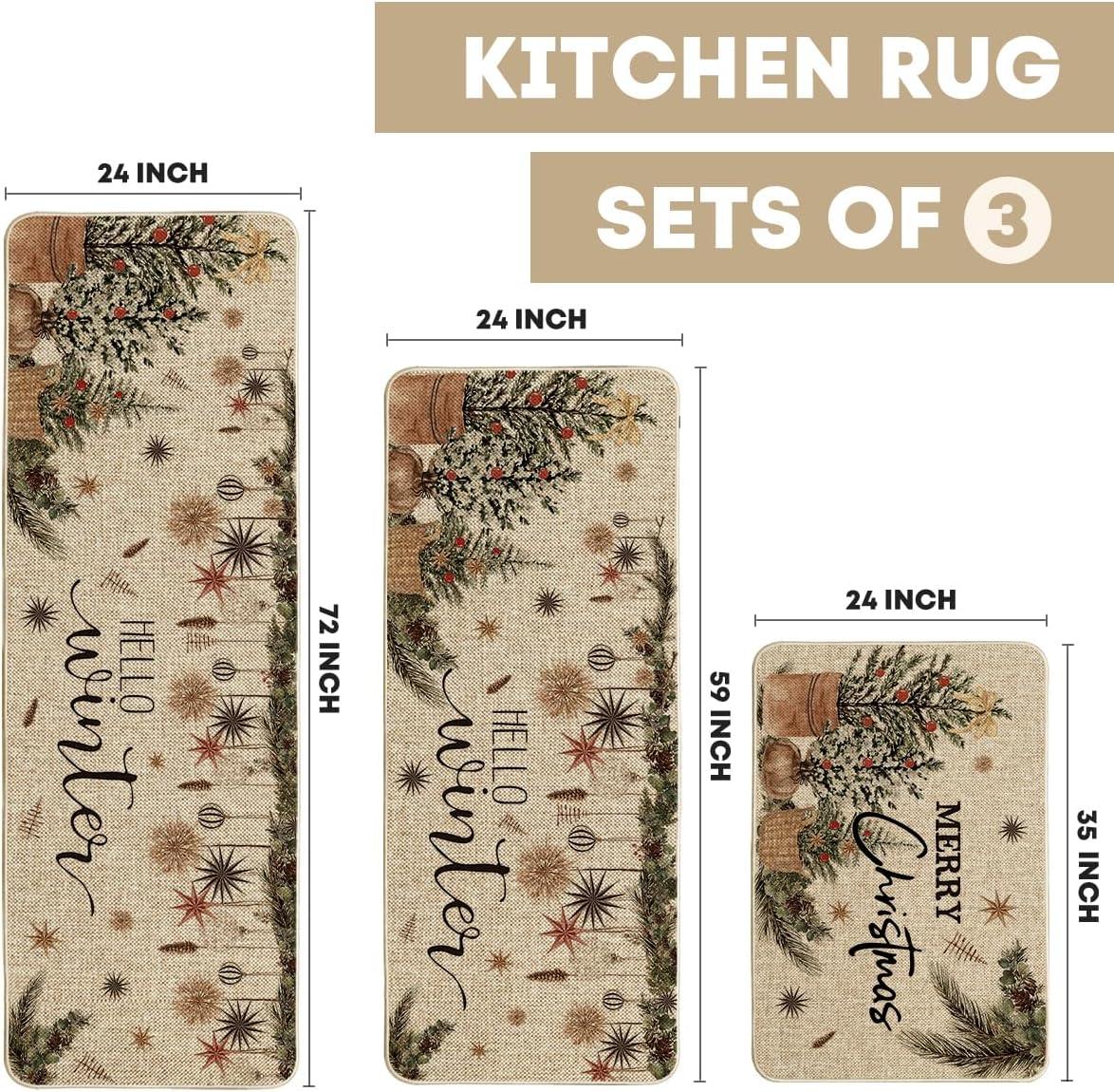 imageArtoid Mode Holly Ornament Merry Christmas Kitchen Mats Set of 2 Winter Home Decor LowProfile Kitchen Rugs for Floor  17x29 and 17x47 InchBeige