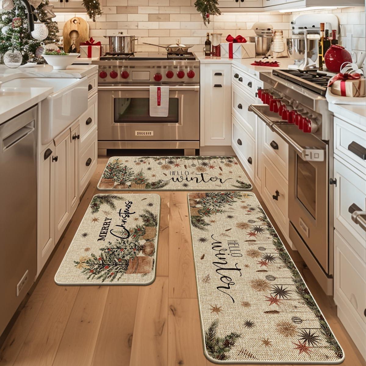 imageArtoid Mode Holly Ornament Merry Christmas Kitchen Mats Set of 2 Winter Home Decor LowProfile Kitchen Rugs for Floor  17x29 and 17x47 InchBeige