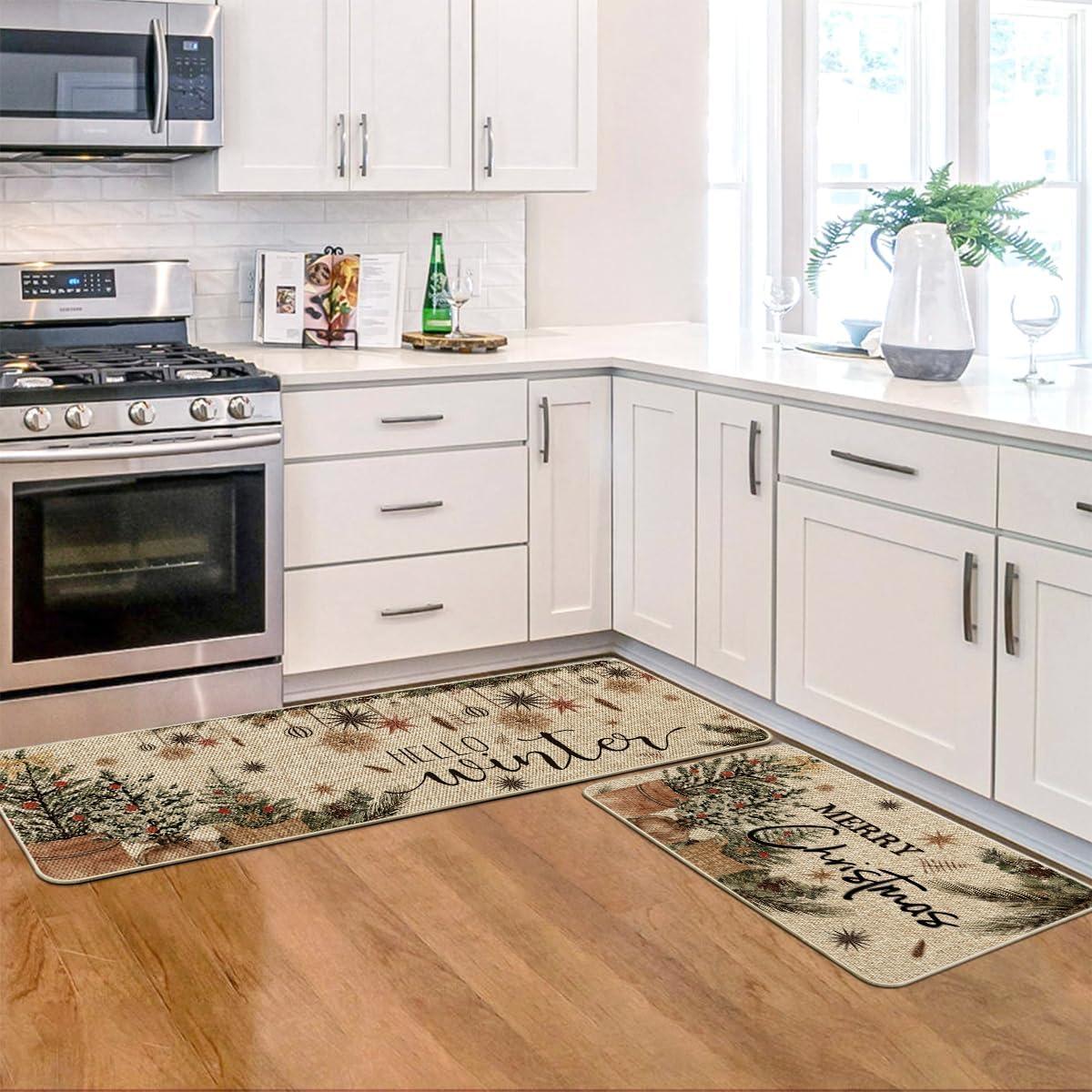 imageArtoid Mode Holly Ornament Merry Christmas Kitchen Mats Set of 2 Winter Home Decor LowProfile Kitchen Rugs for Floor  17x29 and 17x47 InchBeige