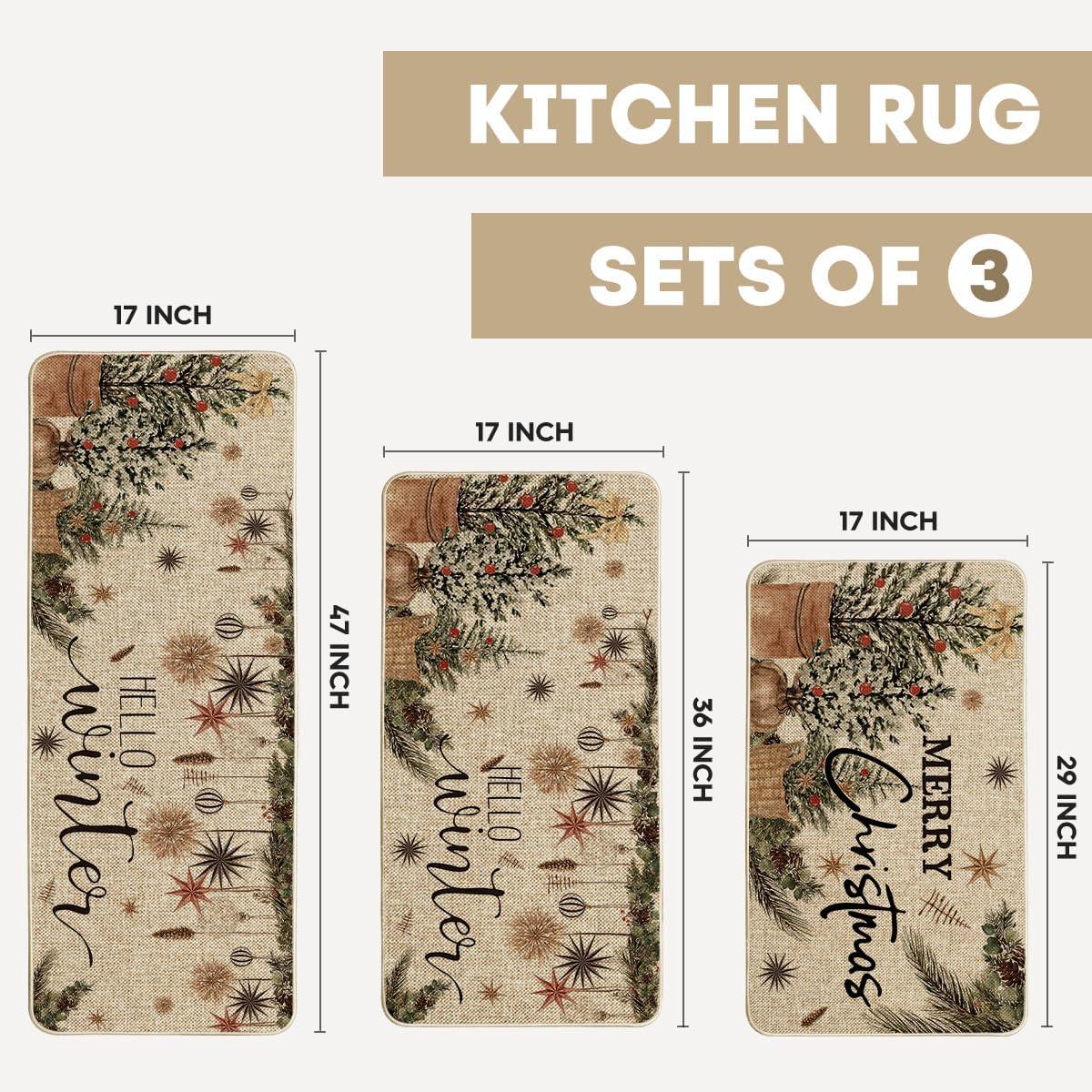 imageArtoid Mode Holly Ornament Merry Christmas Kitchen Mats Set of 2 Winter Home Decor LowProfile Kitchen Rugs for Floor  17x29 and 17x47 InchBeige