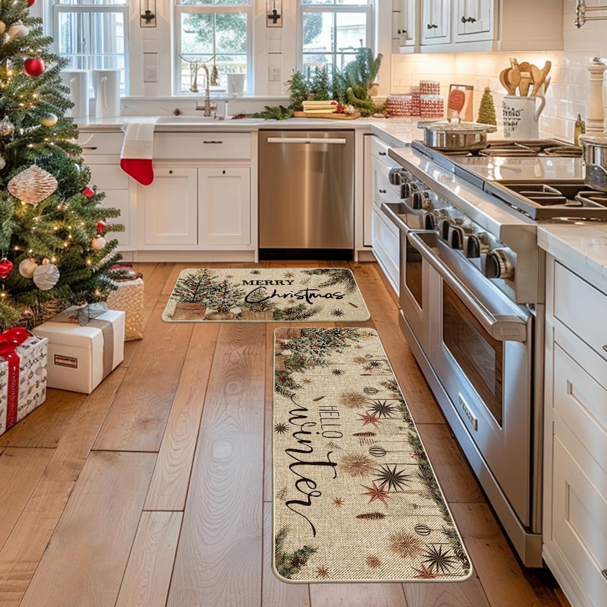 imageArtoid Mode Holly Ornament Merry Christmas Kitchen Mats Set of 2 Winter Home Decor LowProfile Kitchen Rugs for Floor  17x29 and 17x47 InchBeige