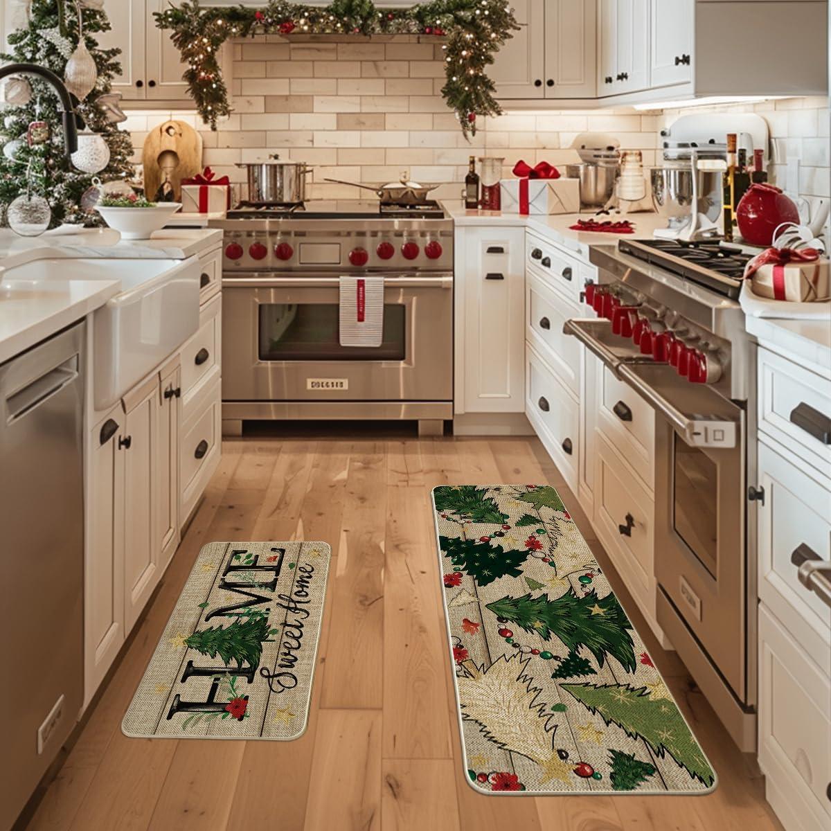 imageArtoid Mode Home Sweet Home Xmas Tree Christmas Kitchen Mats Set of 2 Winter LowProfile Home Decor Kitchen Rugs for Floor  17x29 and 17x47 Inch