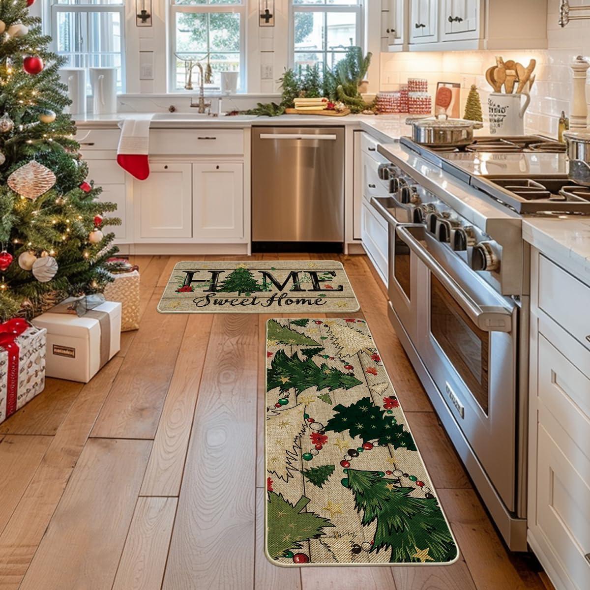 imageArtoid Mode Home Sweet Home Xmas Tree Christmas Kitchen Mats Set of 2 Winter LowProfile Home Decor Kitchen Rugs for Floor  17x29 and 17x47 Inch
