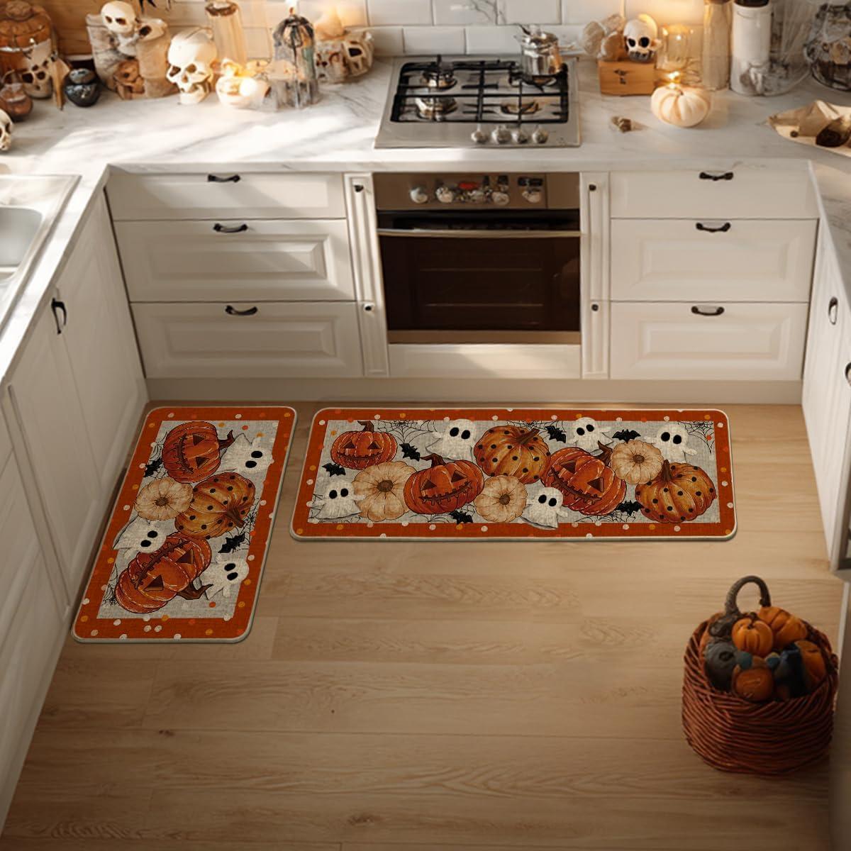 imageArtoid Mode Orange Ghost Spooky JackOLantern Pumpkin Halloween Kitchen Mats Set of 2 LowProfile Home Decor Kitchen Rugs for Floor  17x29 and 17x47 InchOrange