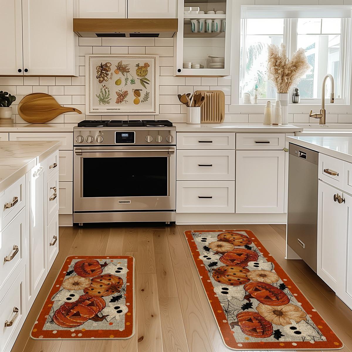 imageArtoid Mode Orange Ghost Spooky JackOLantern Pumpkin Halloween Kitchen Mats Set of 2 LowProfile Home Decor Kitchen Rugs for Floor  17x29 and 17x47 InchOrange