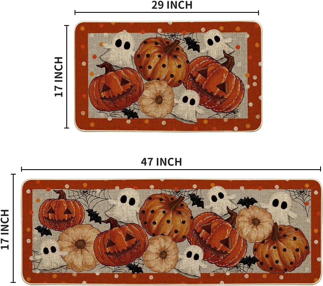 imageArtoid Mode Orange Ghost Spooky JackOLantern Pumpkin Halloween Kitchen Mats Set of 2 LowProfile Home Decor Kitchen Rugs for Floor  17x29 and 17x47 InchOrange