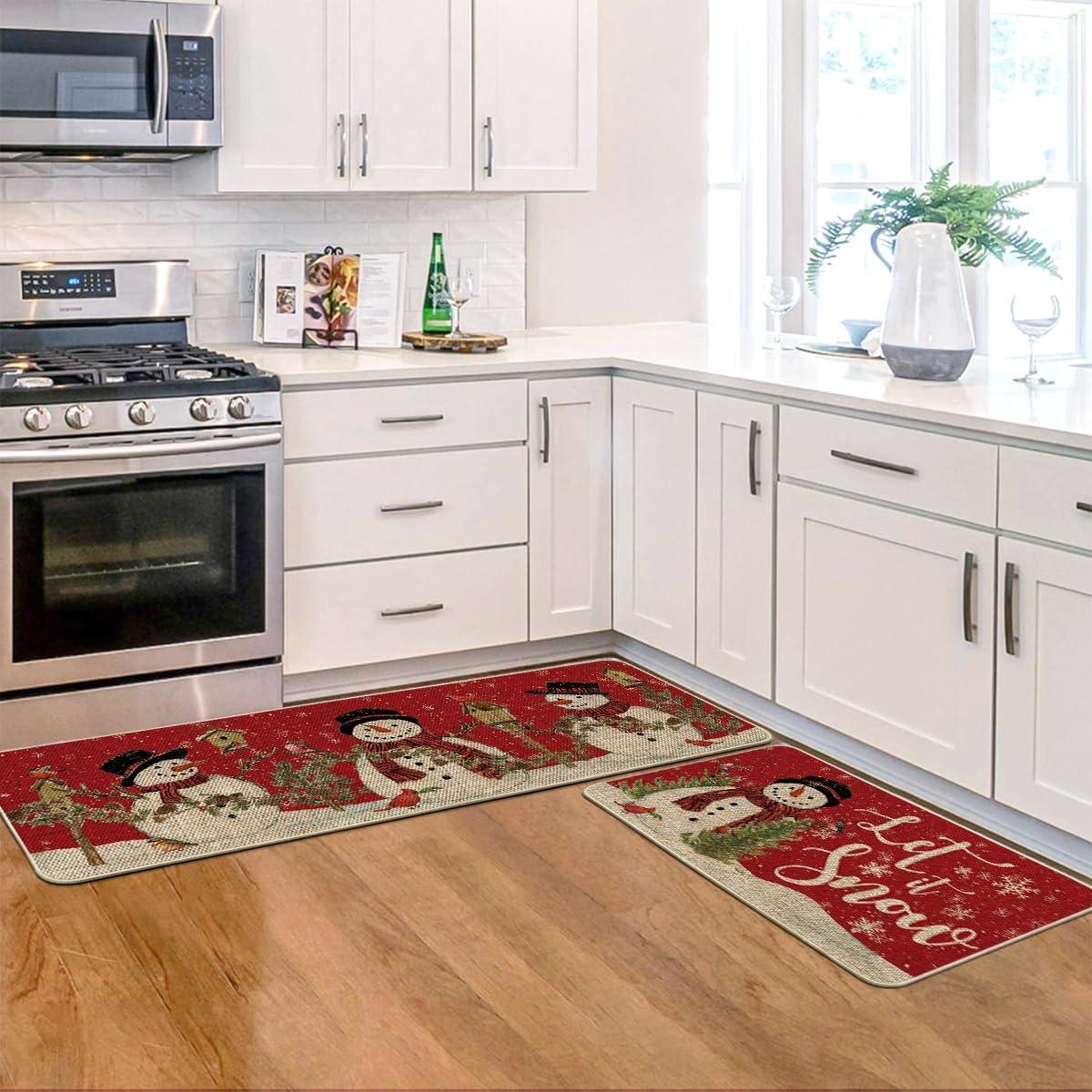 imageArtoid Mode Red Let It Snow Snowman Cardinal Bird Christmas Kitchen Mats Set of 2 Winter Home Decor LowProfile Kitchen Rugs for Floor 17x29 and 17x47 InchRed