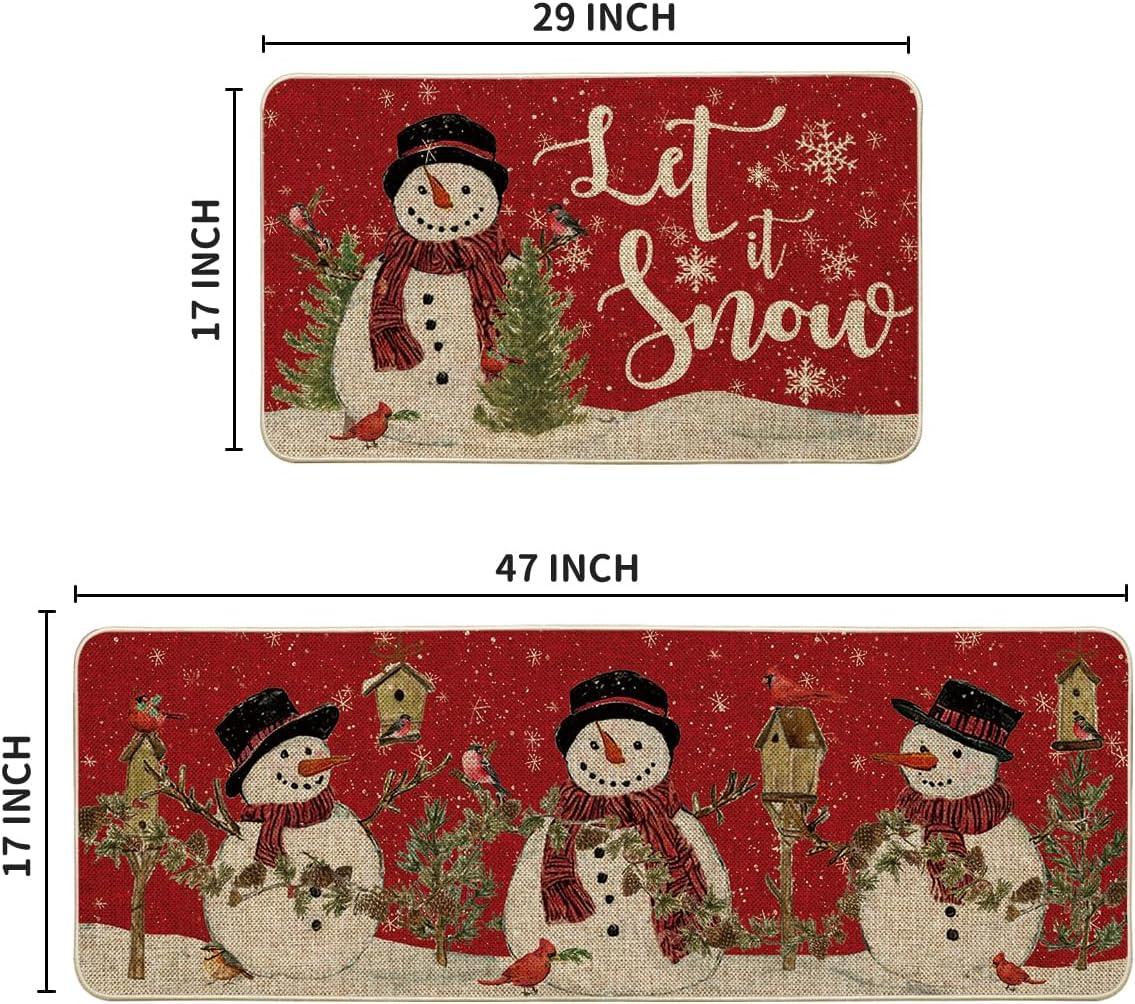 imageArtoid Mode Red Let It Snow Snowman Cardinal Bird Christmas Kitchen Mats Set of 2 Winter Home Decor LowProfile Kitchen Rugs for Floor 17x29 and 17x47 InchRed