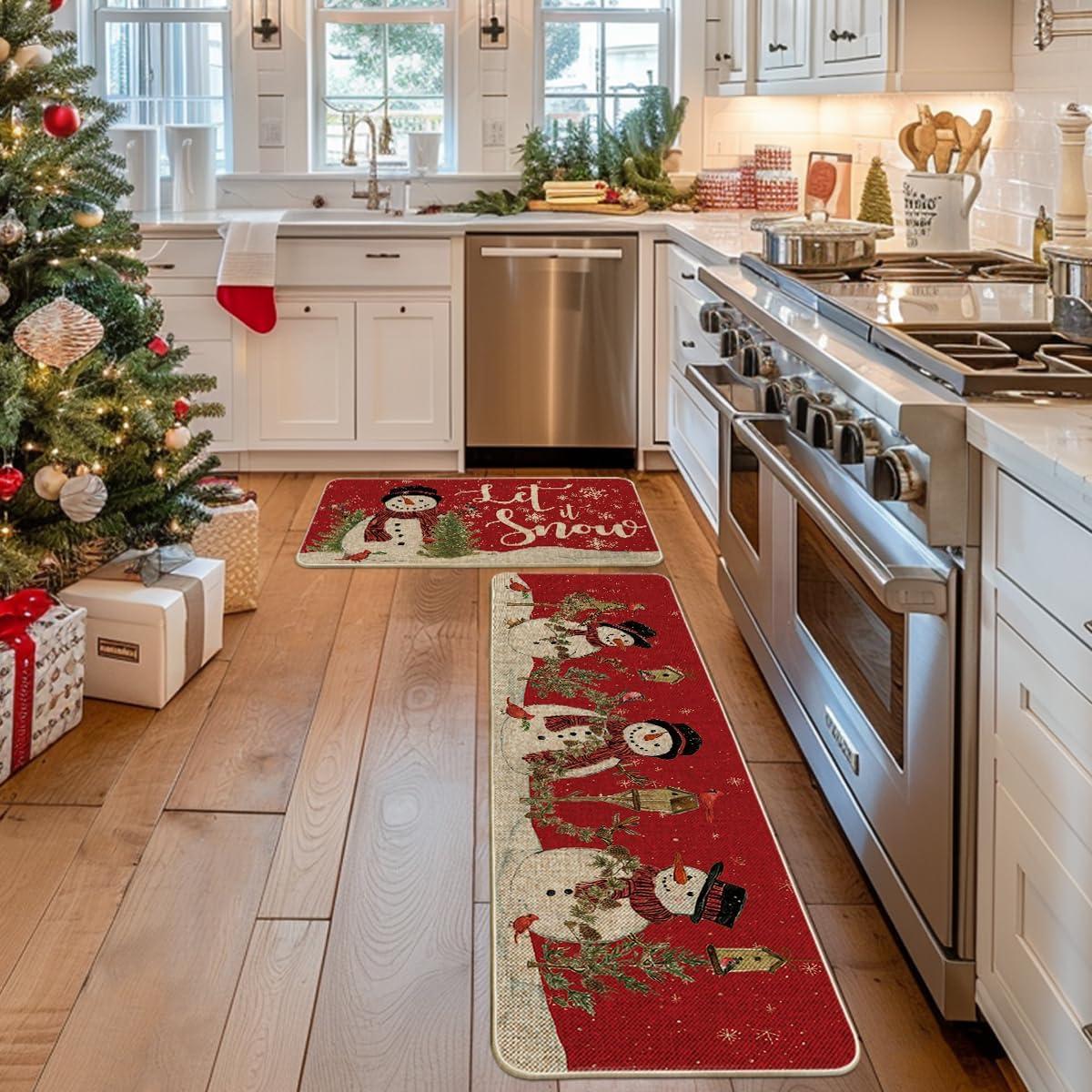imageArtoid Mode Red Let It Snow Snowman Cardinal Bird Christmas Kitchen Mats Set of 2 Winter Home Decor LowProfile Kitchen Rugs for Floor 17x29 and 17x47 InchRed