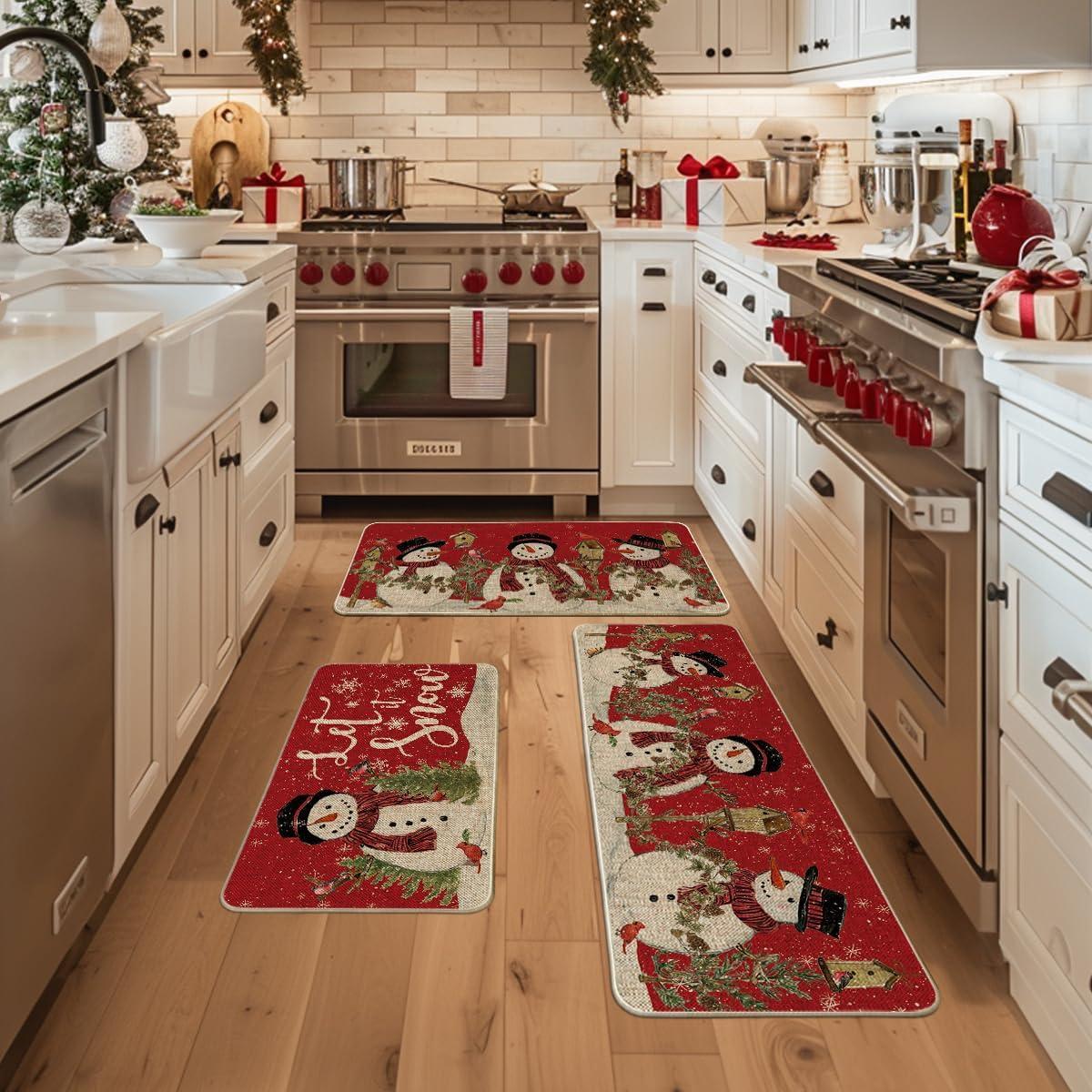 imageArtoid Mode Red Let It Snow Snowman Cardinal Bird Christmas Kitchen Mats Set of 2 Winter Home Decor LowProfile Kitchen Rugs for Floor 17x29 and 17x47 InchRed