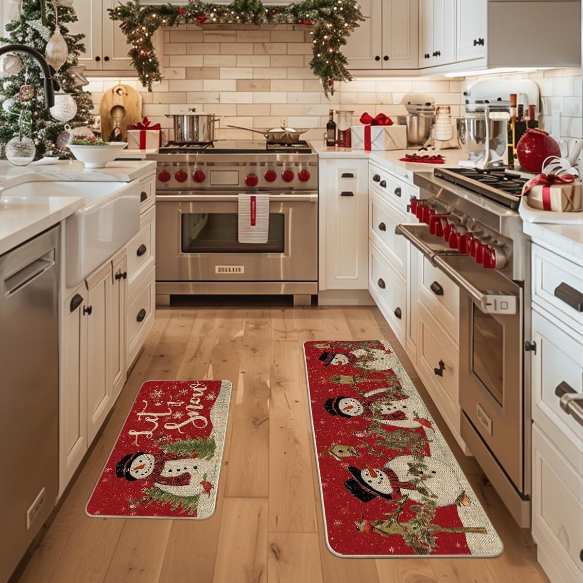 imageArtoid Mode Red Let It Snow Snowman Cardinal Bird Christmas Kitchen Mats Set of 2 Winter Home Decor LowProfile Kitchen Rugs for Floor 17x29 and 17x47 InchRed