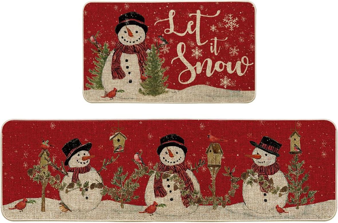 imageArtoid Mode Red Let It Snow Snowman Cardinal Bird Christmas Kitchen Mats Set of 2 Winter Home Decor LowProfile Kitchen Rugs for Floor 17x29 and 17x47 InchRed