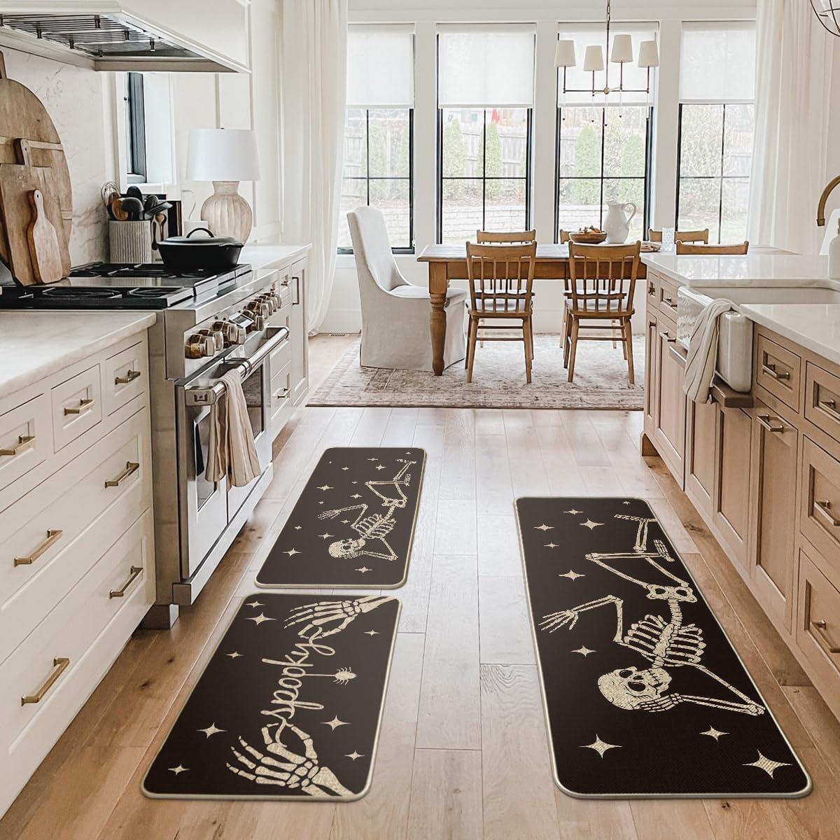 imageArtoid Mode Spooky Skeleton Spider Bone Orange Halloween Kitchen Mats Set of 2 Black Home Decor LowProfile Kitchen Rugs for Floor 17x29 and 17x47 InchBlack