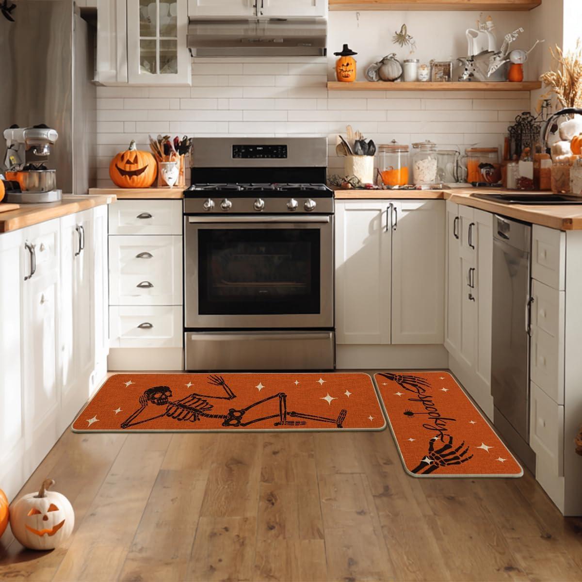 imageArtoid Mode Spooky Skeleton Spider Bone Orange Halloween Kitchen Mats Set of 2 Black Home Decor LowProfile Kitchen Rugs for Floor  17x29 and 17x47 InchOrange