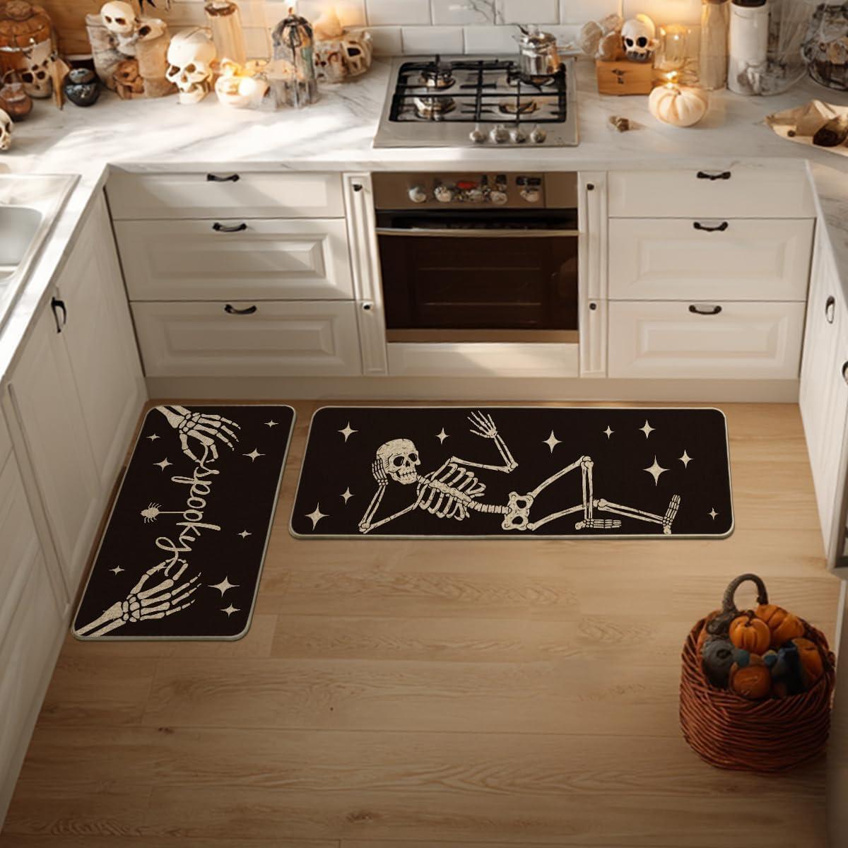 imageArtoid Mode Spooky Skeleton Spider Bone Orange Halloween Kitchen Mats Set of 2 Black Home Decor LowProfile Kitchen Rugs for Floor 17x29 and 17x47 InchBlack