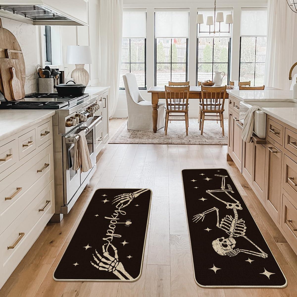 imageArtoid Mode Spooky Skeleton Spider Bone Orange Halloween Kitchen Mats Set of 2 Black Home Decor LowProfile Kitchen Rugs for Floor 17x29 and 17x47 InchBlack