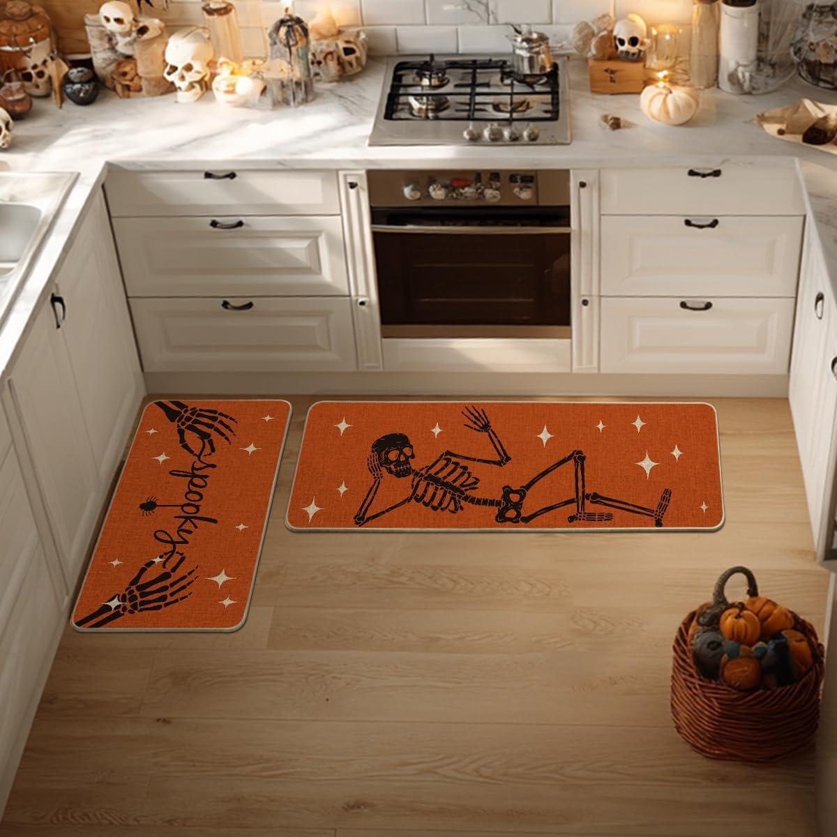 imageArtoid Mode Spooky Skeleton Spider Bone Orange Halloween Kitchen Mats Set of 2 Black Home Decor LowProfile Kitchen Rugs for Floor  17x29 and 17x47 InchOrange