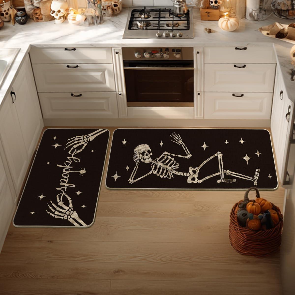 imageArtoid Mode Spooky Skeleton Spider Bone Orange Halloween Kitchen Mats Set of 2 Black Home Decor LowProfile Kitchen Rugs for Floor 17x29 and 17x47 InchBlack