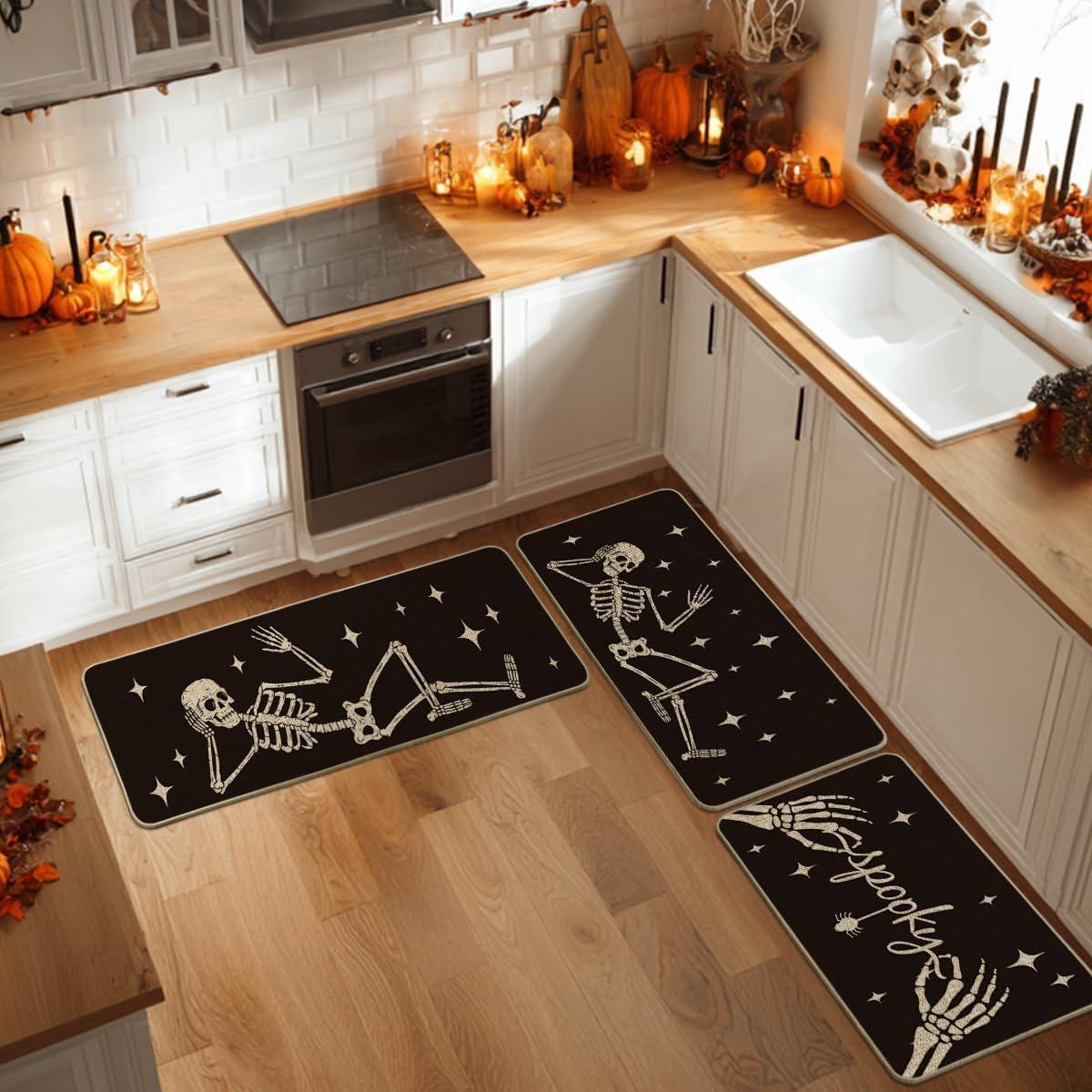 imageArtoid Mode Spooky Skeleton Spider Bone Orange Halloween Kitchen Mats Set of 2 Black Home Decor LowProfile Kitchen Rugs for Floor 17x29 and 17x47 InchBlack
