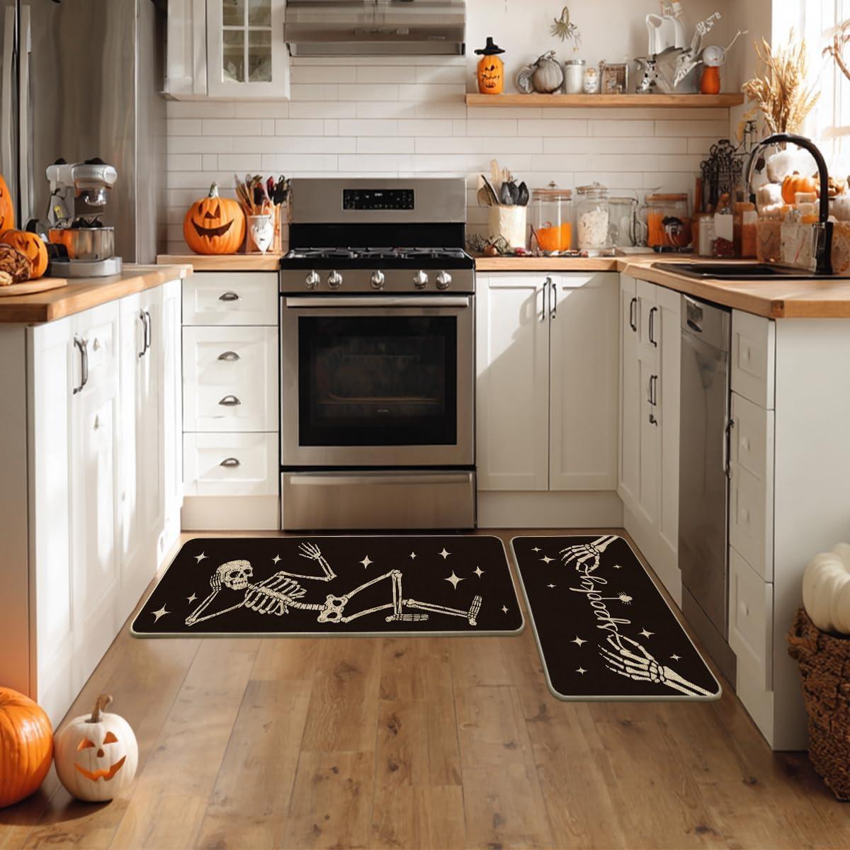 imageArtoid Mode Spooky Skeleton Spider Bone Orange Halloween Kitchen Mats Set of 2 Black Home Decor LowProfile Kitchen Rugs for Floor 17x29 and 17x47 InchBlack