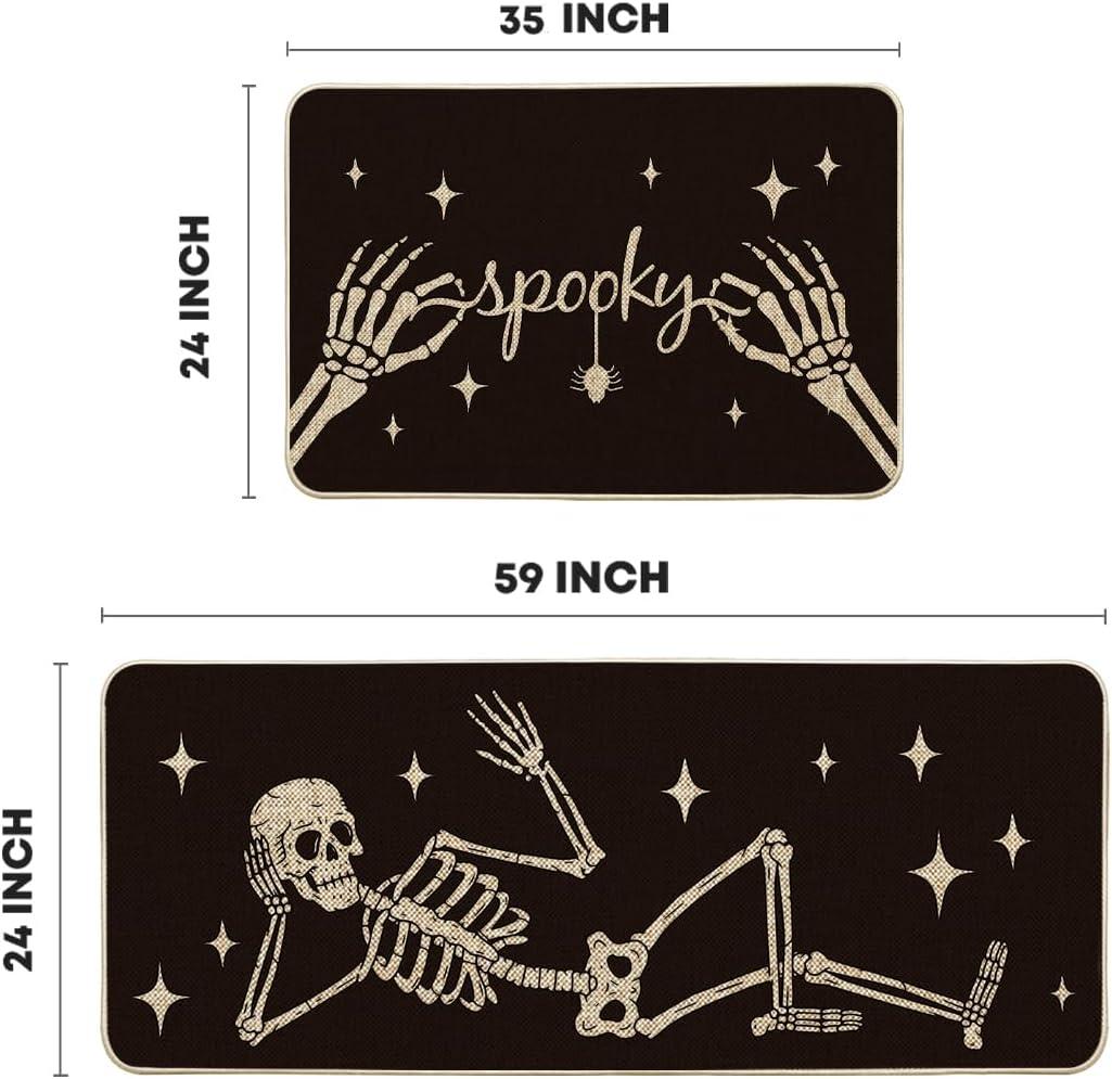 imageArtoid Mode Spooky Skeleton Spider Bone Orange Halloween Kitchen Mats Set of 2 Black Home Decor LowProfile Kitchen Rugs for Floor 17x29 and 17x47 InchBlack