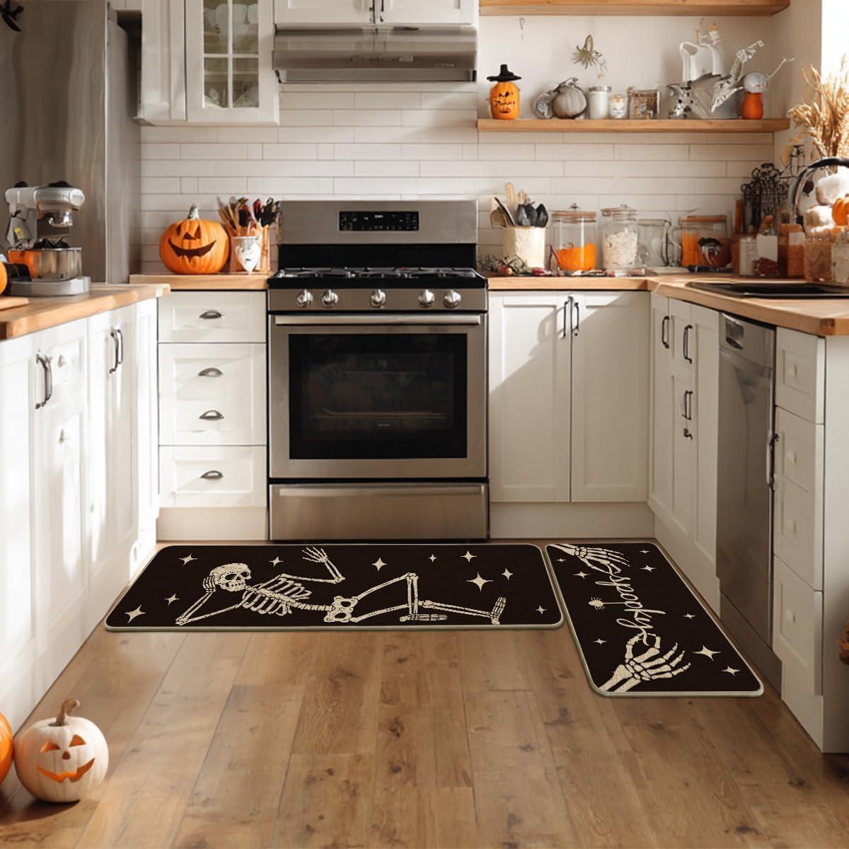 imageArtoid Mode Spooky Skeleton Spider Bone Orange Halloween Kitchen Mats Set of 2 Black Home Decor LowProfile Kitchen Rugs for Floor 17x29 and 17x47 InchBlack