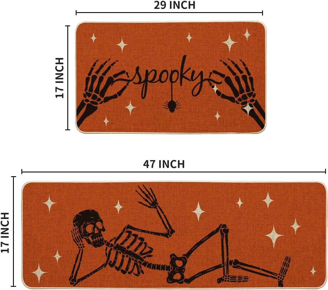 imageArtoid Mode Spooky Skeleton Spider Bone Orange Halloween Kitchen Mats Set of 2 Black Home Decor LowProfile Kitchen Rugs for Floor  17x29 and 17x47 InchOrange