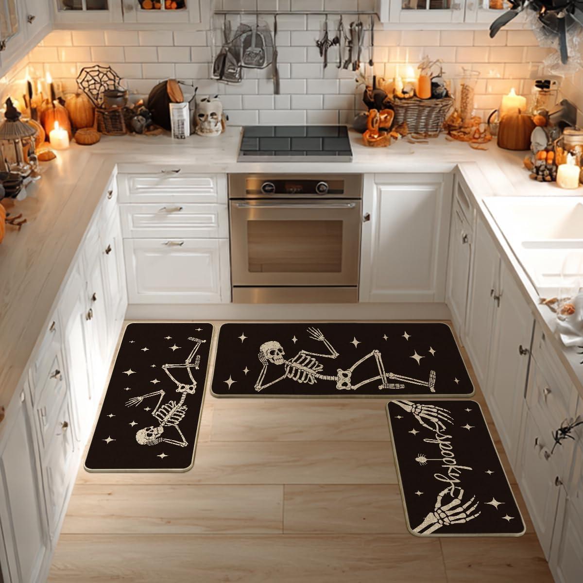 imageArtoid Mode Spooky Skeleton Spider Bone Orange Halloween Kitchen Mats Set of 2 Black Home Decor LowProfile Kitchen Rugs for Floor 17x29 and 17x47 InchBlack