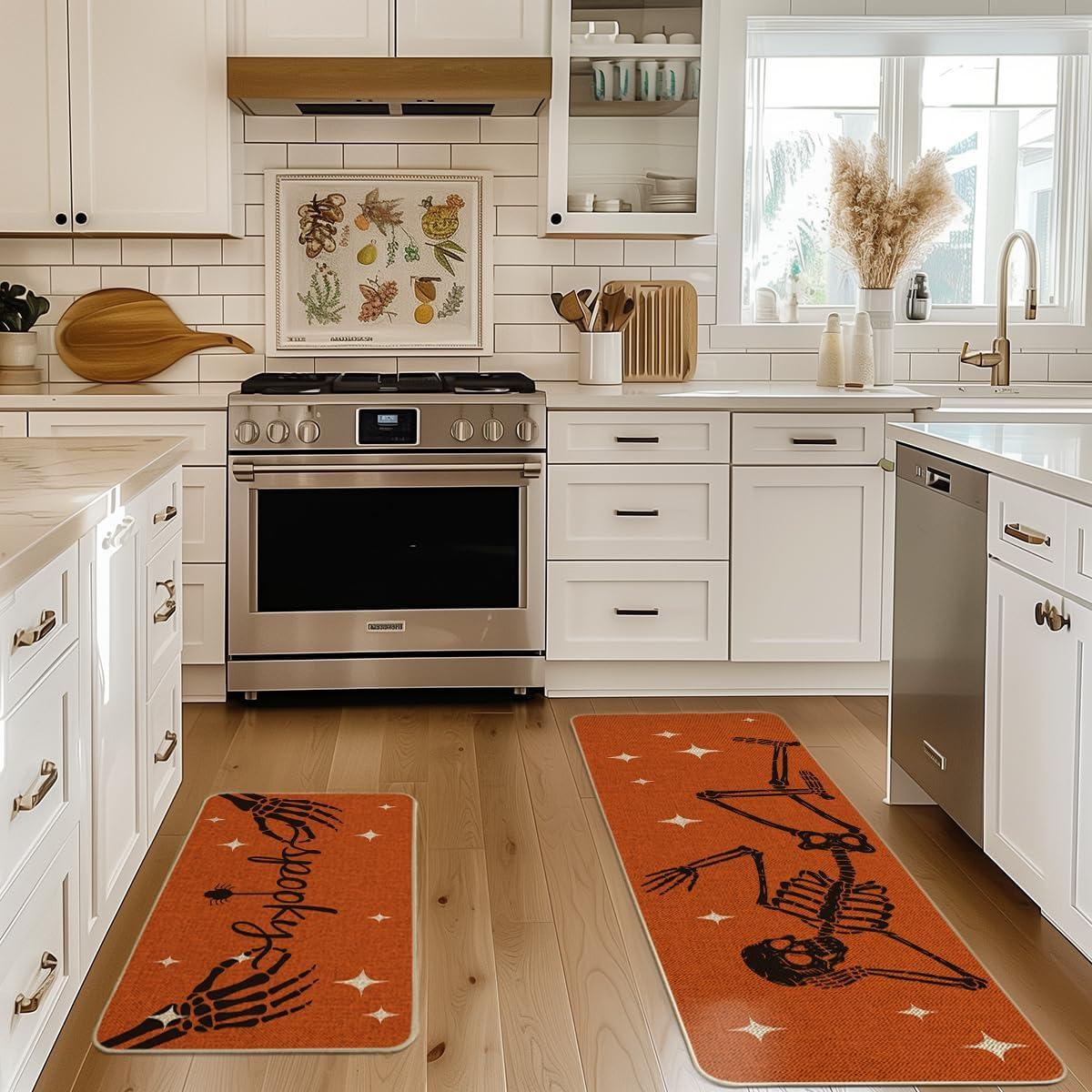 imageArtoid Mode Spooky Skeleton Spider Bone Orange Halloween Kitchen Mats Set of 2 Black Home Decor LowProfile Kitchen Rugs for Floor  17x29 and 17x47 InchOrange