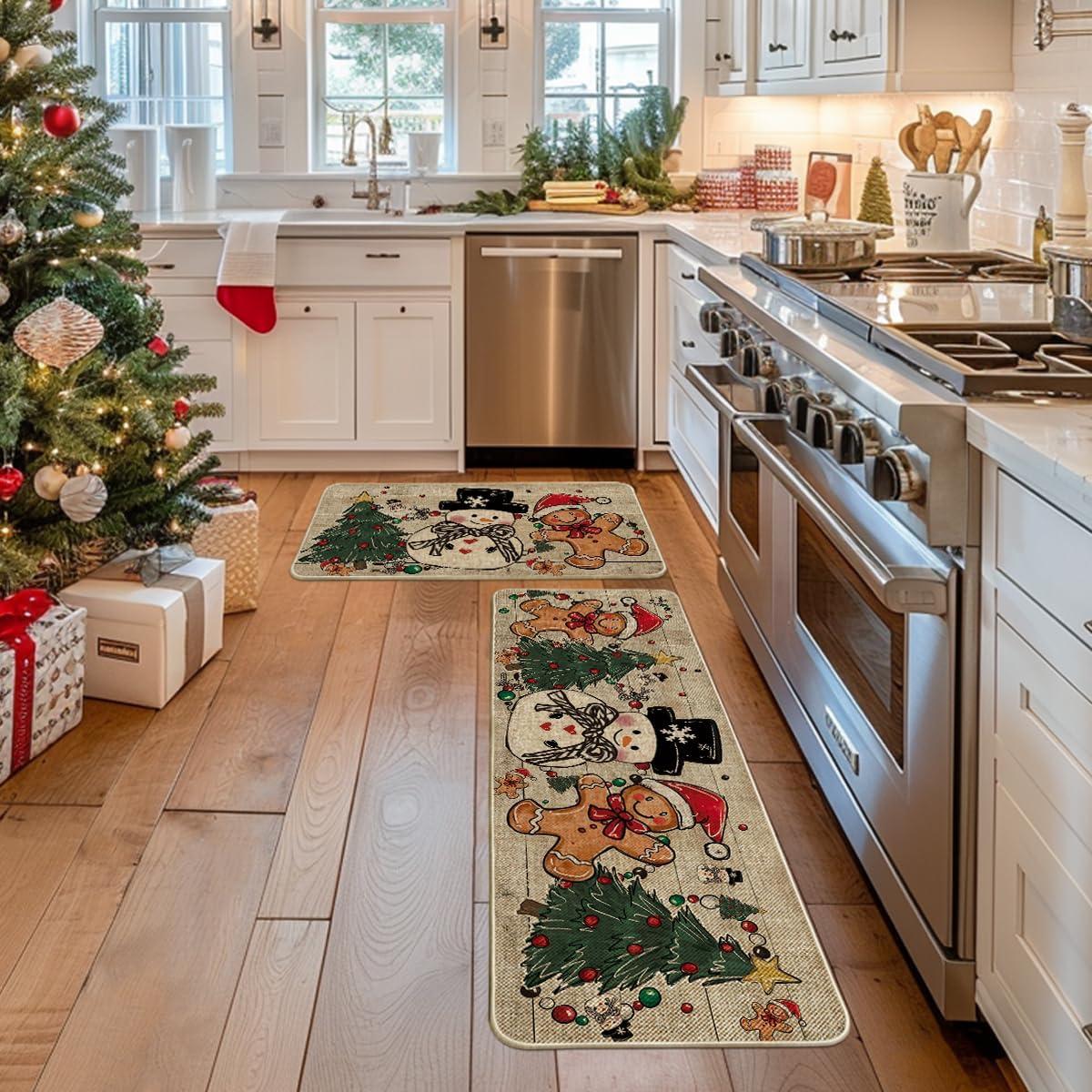 imageArtoid Mode Xmas Tree Gingerbread Man Snowman Christmas Kitchen Mats Set of 2 Winter LowProfile Home Decor Kitchen Rugs for Floor  17x29 and 17x47 Inch