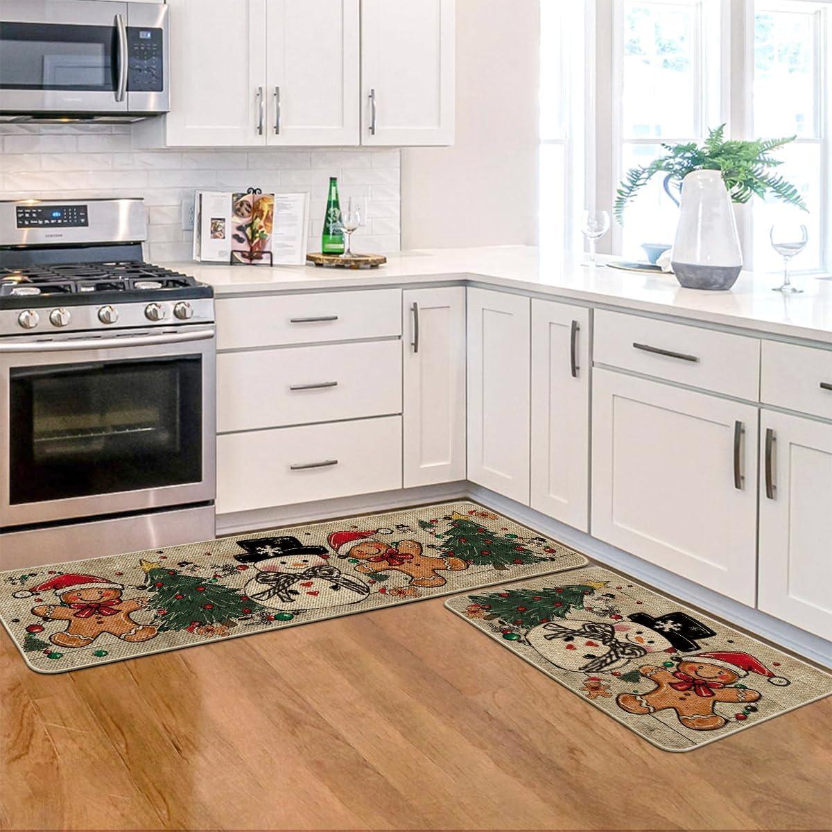 imageArtoid Mode Xmas Tree Gingerbread Man Snowman Christmas Kitchen Mats Set of 2 Winter LowProfile Home Decor Kitchen Rugs for Floor  17x29 and 17x47 Inch