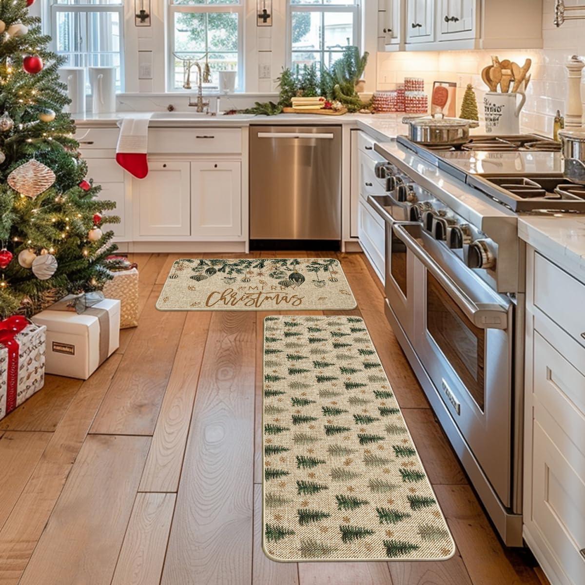 imageArtoid Mode Xmas Tree Ornament Merry Christmas Kitchen Mats Set of 2 Winter LowProfile Home Decor Kitchen Rugs for Floor  17x29 and 17x47 Inch