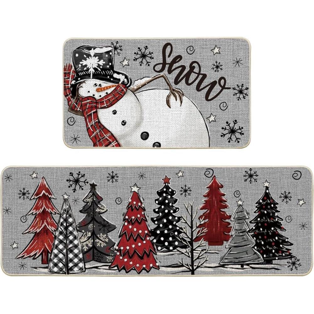 imageArtoid Mode Black Snowman Xmas Tree Snowflake Let It Snow Christmas Kitchen Mats Set of 2 Winter Home Decor LowProfile Kitchen Rugs for Floor 17x29 and 17x47 InchGrey