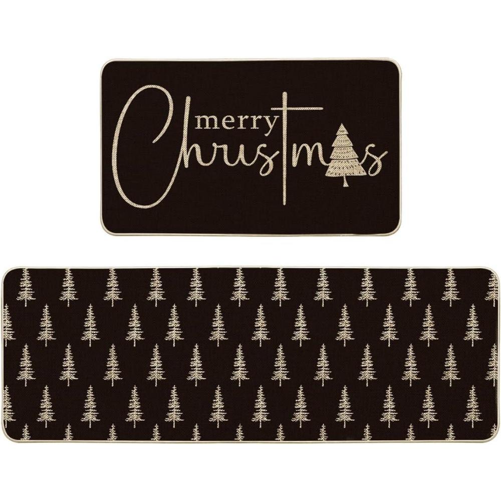 imageArtoid Mode Black Xmas Tree Merry Christmas Kitchen Mats Set of 2 Winter Home Decor LowProfile Kitchen Rugs for Floor  17x29 and 17x47 InchBlack