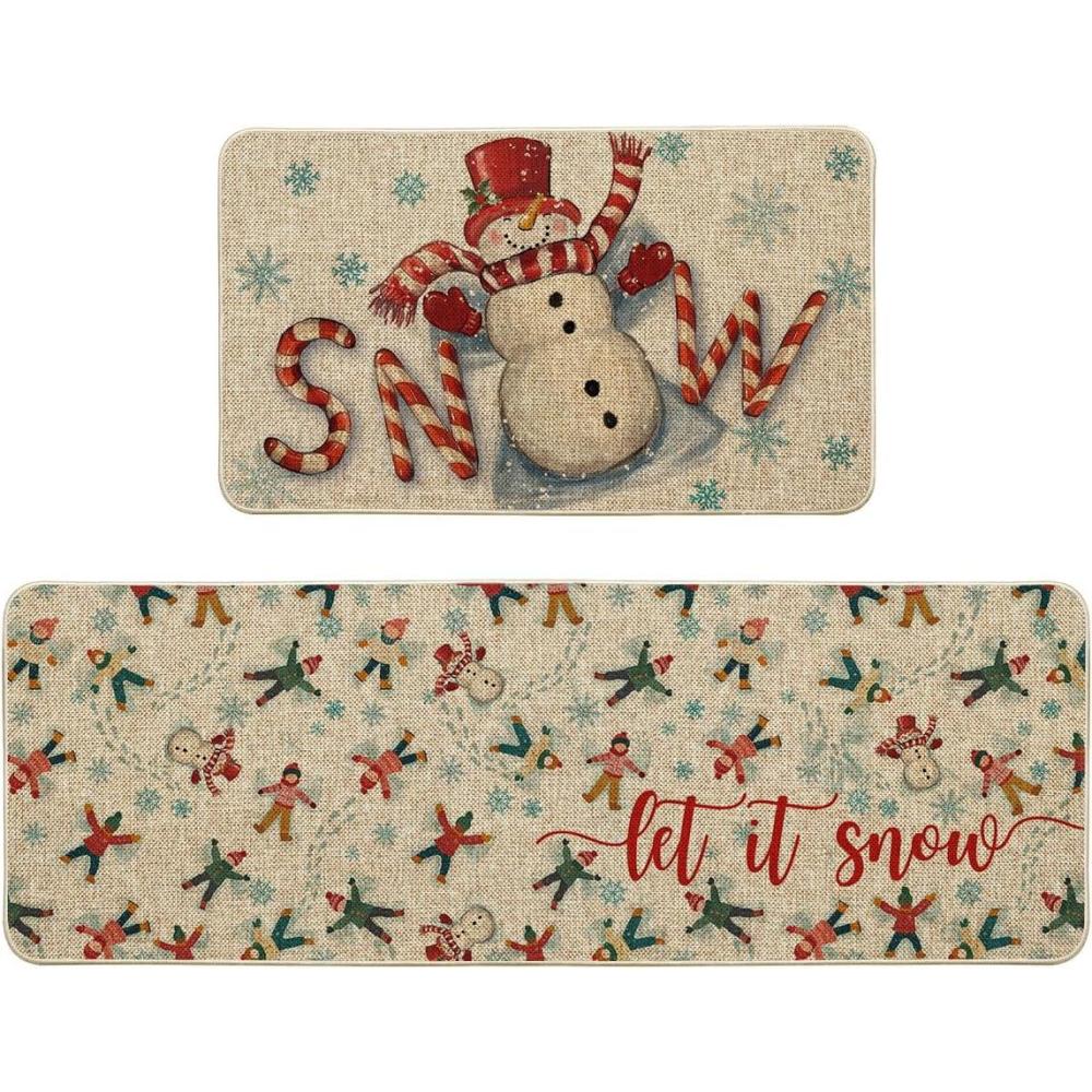 imageArtoid Mode Blue Candy Cane Snowman Let It Snow Winter Kitchen Mats Set of 2 Christmas LowProfile Home Decor Kitchen Rugs for Floor  17x29 and 17x47 InchRed
